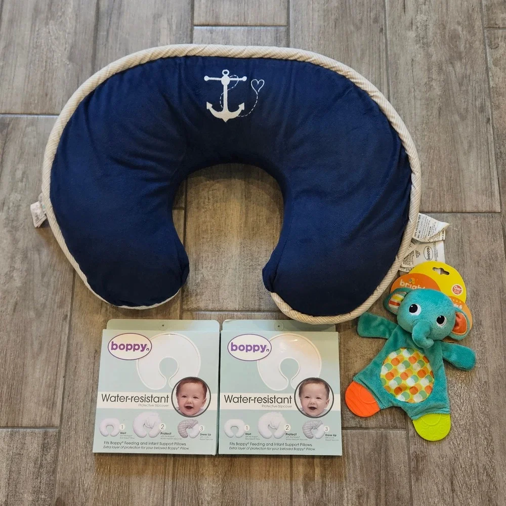 Boppy‎ Nursing Pillow Bundle Navy Blue Nautical Anchor Slip Covers Shower Gift